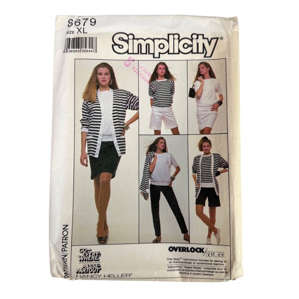 80s Simplicity 8679 Sewing Pattern Misses XL Cardigan Pant Short Top & Skirt VTG